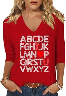 Vircreate Womens 3/4 Sleeve V Neck T-Shirts Valentina's Day Spring Shirts Love Heart Graphic Tee Tops