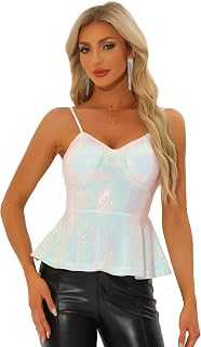 Women Glitter Sequin V Neck Sleeveless Ruffle Tank Top