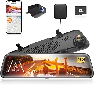 WOLFBOX G840S 12" 4K Mirror Dash Cam Backup Camera with 32GB Card and GPS | 5.8GHz WiFi Smart Rearview Mirror for Cars & Trucks, Front and Rear View Dual Cameras, Night Vision, Parking Assistance