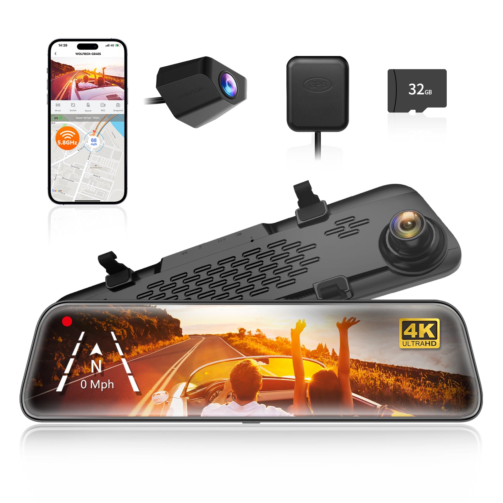 WOLFBOX G840S 12" 4K Mirror Dash Cam Backup Camera with 32GB Card and GPS | 5.8G