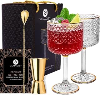 Vemacity Luxury Gin Glasses Set of 2 w/Gold Rims | Includes Gold Spoon, Spirit Measure, with Recipe e-Book | Crystal Gin Glass Gifts for Women | Aperol Spritz Gift Set & Cocktail Glasses