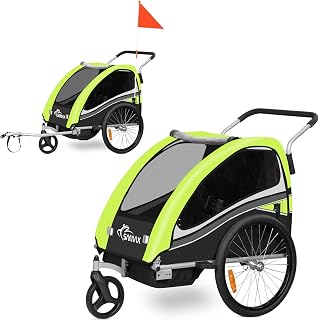SAMAX Children Bike Trailer 2in1 Kids Jogger Stroller with Suspension 360° rotatable Childs Bicycle Trailer Transport Buggy Carrier for 2 Kids in Green - Black Edition