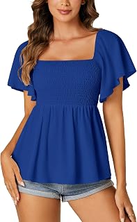 LYANER Women's Square Neck Smocked Peplum Blouse Top Ruffle Short Sleeve Flowy Babydoll Cute Shirt Tops