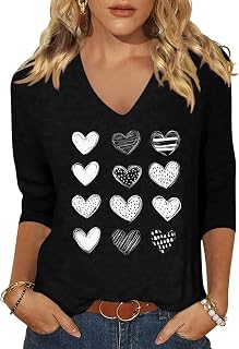 Woffccrd T-shirt da donna con maniche a 3/4 e scollo a V, per San Valentino, primaverile, con stampa a cuore