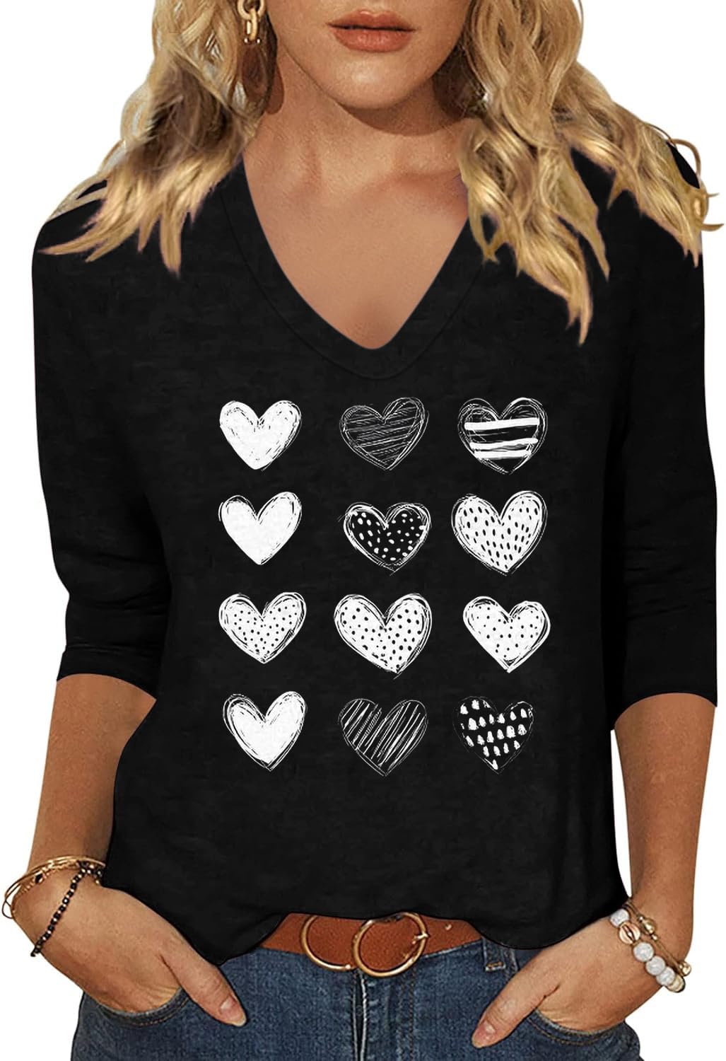 Woffccrd T-shirt da donna con maniche a 3/4 e scollo a V, per San Valentino, pri