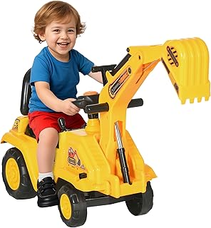 HOMCOM Ride On Excavator Pull Cart Kids Digger with Horn Ages 18-48 Months | Ride on Truck, Under Seat Storage, Sit and Scoot, Pretend Play Toy Construction Car