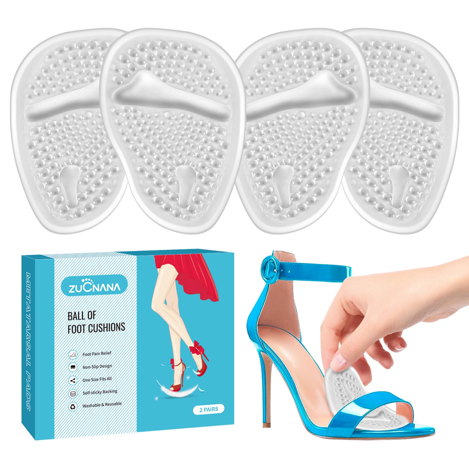 ZUCNANA Ball of Foot Cushions, Gel Shoe Inserts Heel Inserts Women 2 Pairs | Non