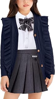 Arshiner Girls Cute Cardigan Ruffle Knit Long Sleeve Button V Neck Sweater School Uniform Outerwear for 4-13 Years Old