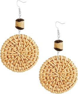 MINACHI Boho Chic Handmade Rattan Wood Dangle Drop Earrings for Women, Bohemian Summer Beach Statement Jewelry Gift for Women
