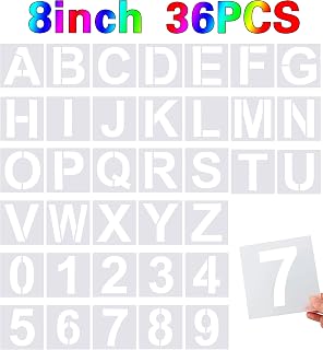 FEBSNOW 36 Pcs 8 Inches Large Alphabet Letter and Number Stencils | Reusable PET Plastic, Painting on Wood Wall Fabric Rock Chalkboard Glass, Creating Sign Craft Board, 36 Pcs 8x8 Inches
