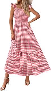 PRETTYGARDEN Abito estivo da donna casual con scollo quadrato con volant e cinturino a quadretti con punto smock Midi Flowy A Line Beach Vacanze Abiti da sole