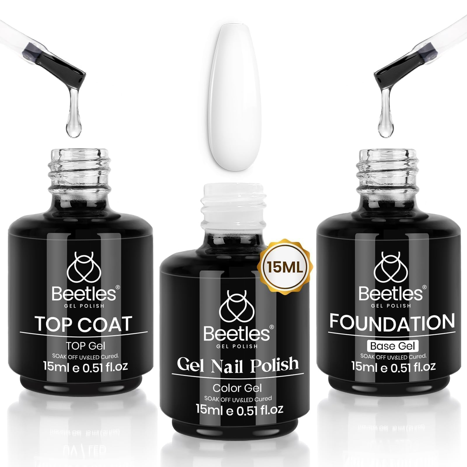 Beetles 3Pcs 15 ml White Gel Nail Polish with Gel Base and Top Coat Set | Soak-O