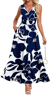 AUSELILY Vestido largo sin mangas con cuello en V y bolsillo para mujer
