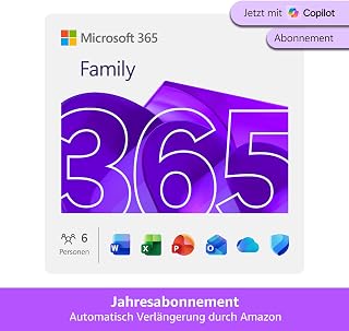 Microsoft 365 Family | 1 Jahr | bis zu 6 Personen | Office Apps mit KI | bis zu 6 TB Cloudspeicher | Amazon Abonnement mit automatischer Verlängerung