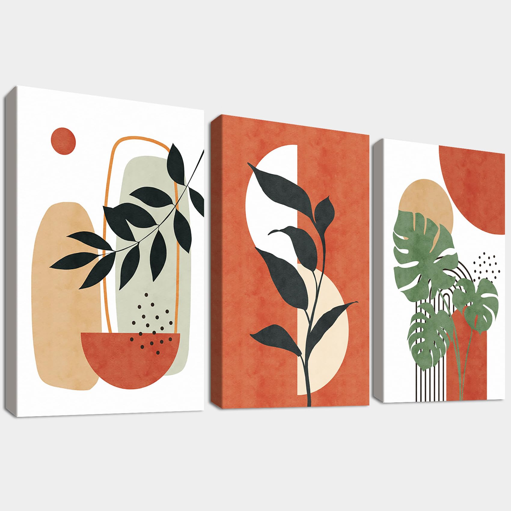 3Pcs Wooden Framed Boho Canvas Wall Art Orange Abstract Leaves And Sun Painting 
