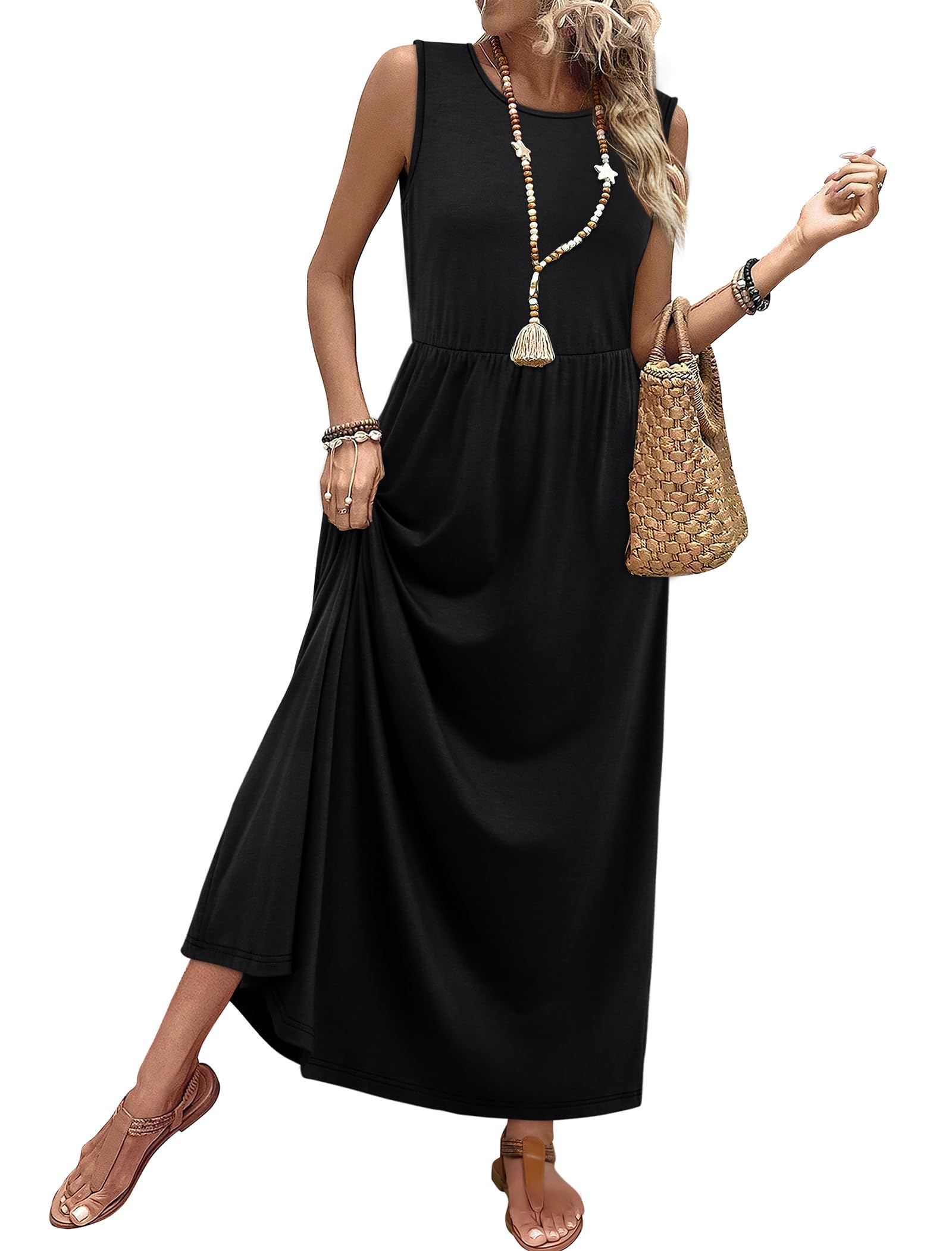 WIHOLL Summer Dresses for Women 2026 Maxi Dresses Long Flowy A Line Sleeveless S