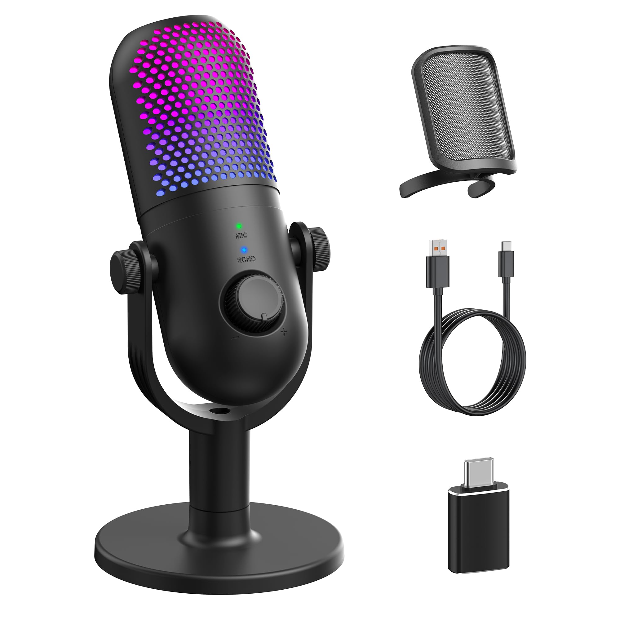 USB Microphone for PC Gaming: Condenser Microphone RGB with Stand Mic - Recordin