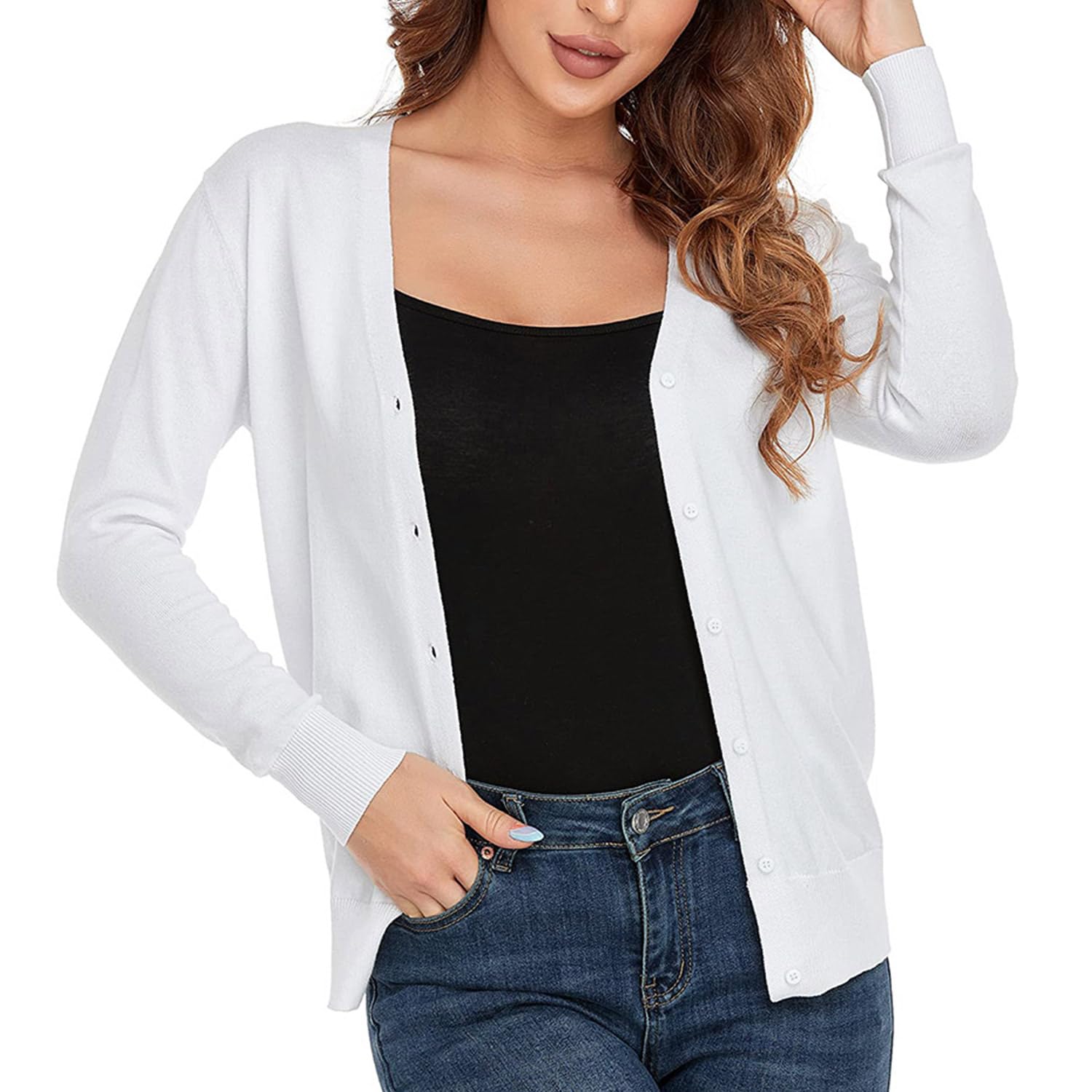 CUNYI Women's Cardigan V-Neck Knitted with Buttons Round Neck Classic Long Sleev