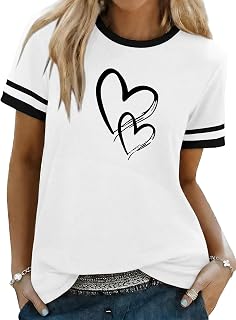 Aottori Womens T Shirts UK Heart Print Cotton Crew Neck Loose Fit