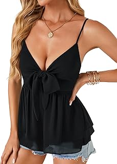 LYANER Women's Sexy Deep V-Neck Spaghetti Straps Lace Front Sleeveless Peplum Cami Top