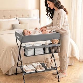 INFANS Baby Changing Table, Portable Nursery Organizer, Grey | Folding Diaper Station with Safety Belt, Easy to Clean Waterproof Surface, Large Storage Racks and Shelf for Newborn Infant