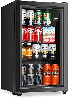 2.3 Cu.Ft Beverage Refrigerator, 80 Can Mini Fridge with Glass Door, Black | Adjustable Shelving&Adjustable Foot, Thermostat, Mini Fridge with Glass Door for Soda Beer, Home Bar Office Use, LED Light