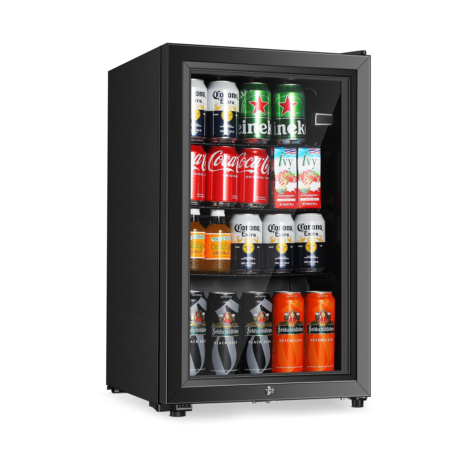 2.3 Cu.Ft Beverage Refrigerator, 80 Can Mini Fridge with Glass Door, Black | Adj