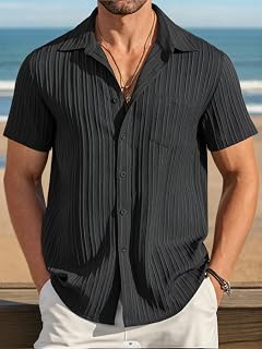 Mens Casual Button Down Short Sleeve Shirt Summer Textured Beach Shirt with Pocket