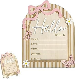 Baby Announcement Sign with Stand, Hello World Wooden Board for Newborn Hospital Photo Props, Pink Bow Nursery Decor, Birth Milestone Bulletin Board for Girl