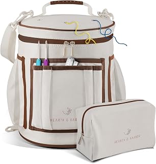 Hearth & Harbor Crochet Bag Organizer – Durable Knitting Bag, Yarn Organizer for Accessories and Supplies, Canvas Yarn Holder, Crochet Carrying Case with Accessories Pouch, Storage Organizer–Warm Gray