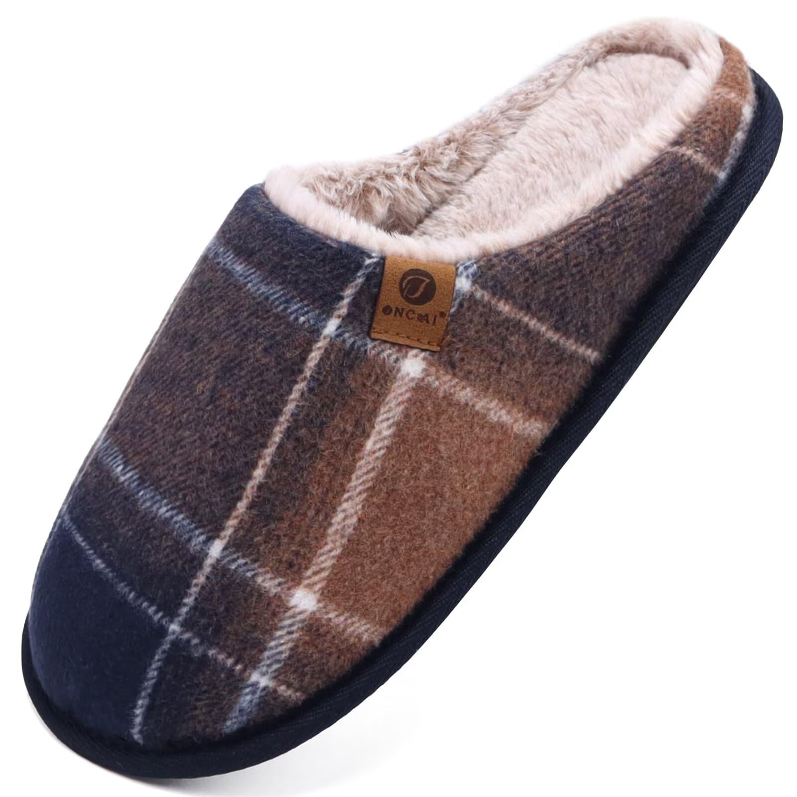 ONCAI Men's Winter Slippers, Comfortable Memory Foam Warm Wool Home Shoes with N