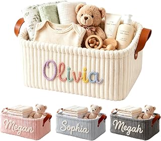 Van MolaDi Large Capacity Personalised Corduroy Storage Basket for Baby Boy Girls with Knitted Name, Custom Shower Gifts, Nursery Storage Organizer Bin w/ Handles, Diapers Cady Toys Clothes Box