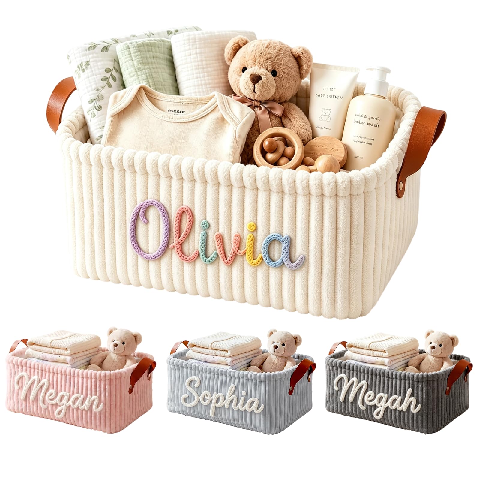 Van MolaDi Large Capacity Personalised Corduroy Storage Basket for Baby Boy Girl