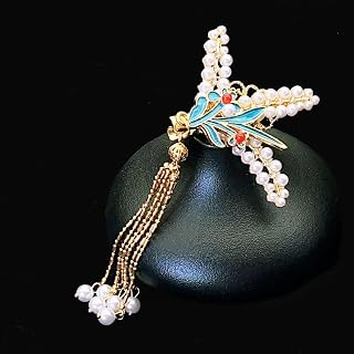Cloisonné Cloud & Pearl Chinese Hair Clip with Tassels - High End Hair Pin for Qipao & Hanfu (F1524 Pearl Wheat Ear)