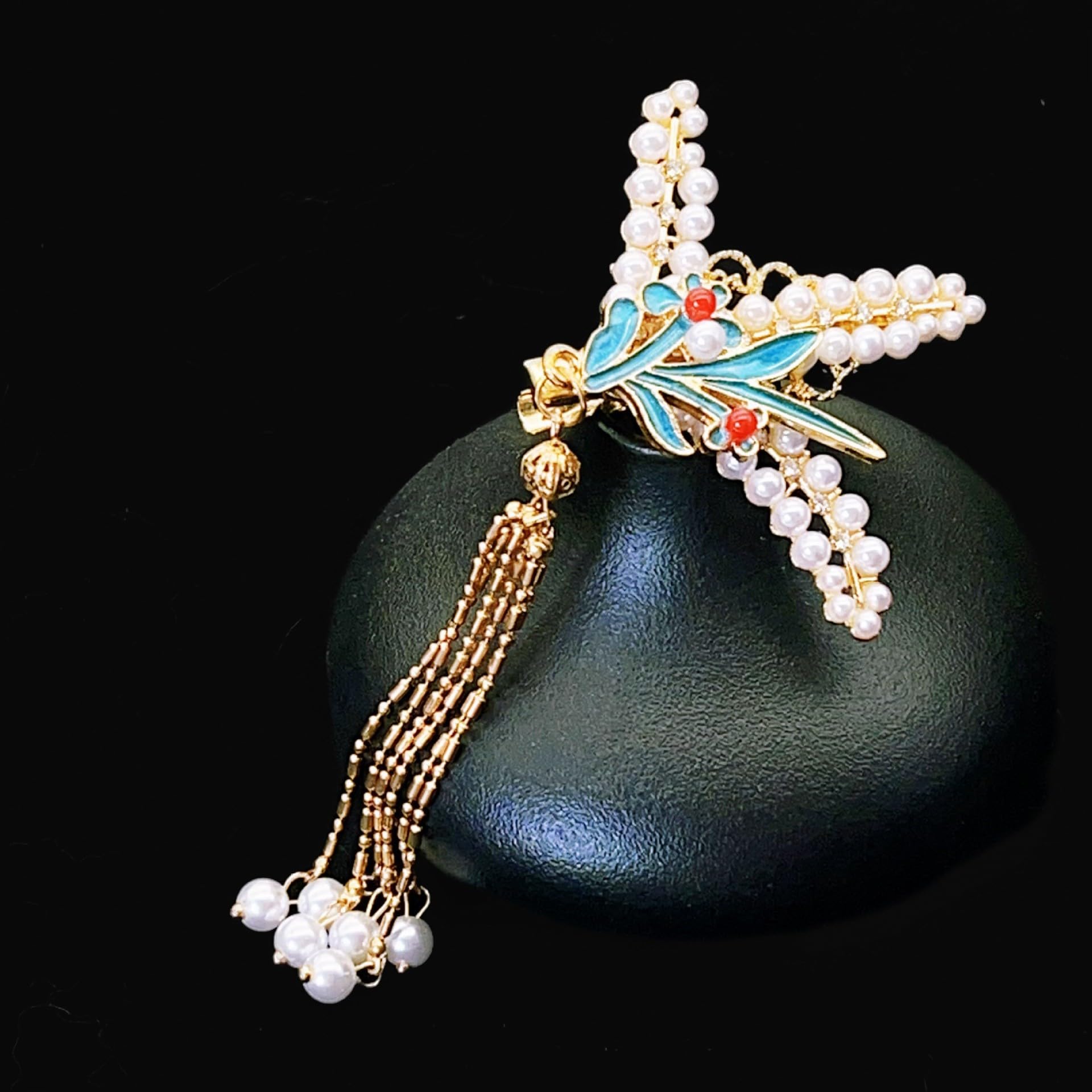 Cloisonné Cloud & Pearl Chinese Hair Clip with Tassels - High End Hair Pin for Q