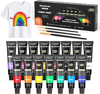 Shuttle Art Fabric Paint, 15 x 12ml Tubes Permanent Soft Fabric Paint with 3 Brushes, Non-Toxic Textile Paint for Clothes, T-Shirts, Shoes, Jeans, Bags, DIY Projects&Art, Ideal for Kids Adults Artists