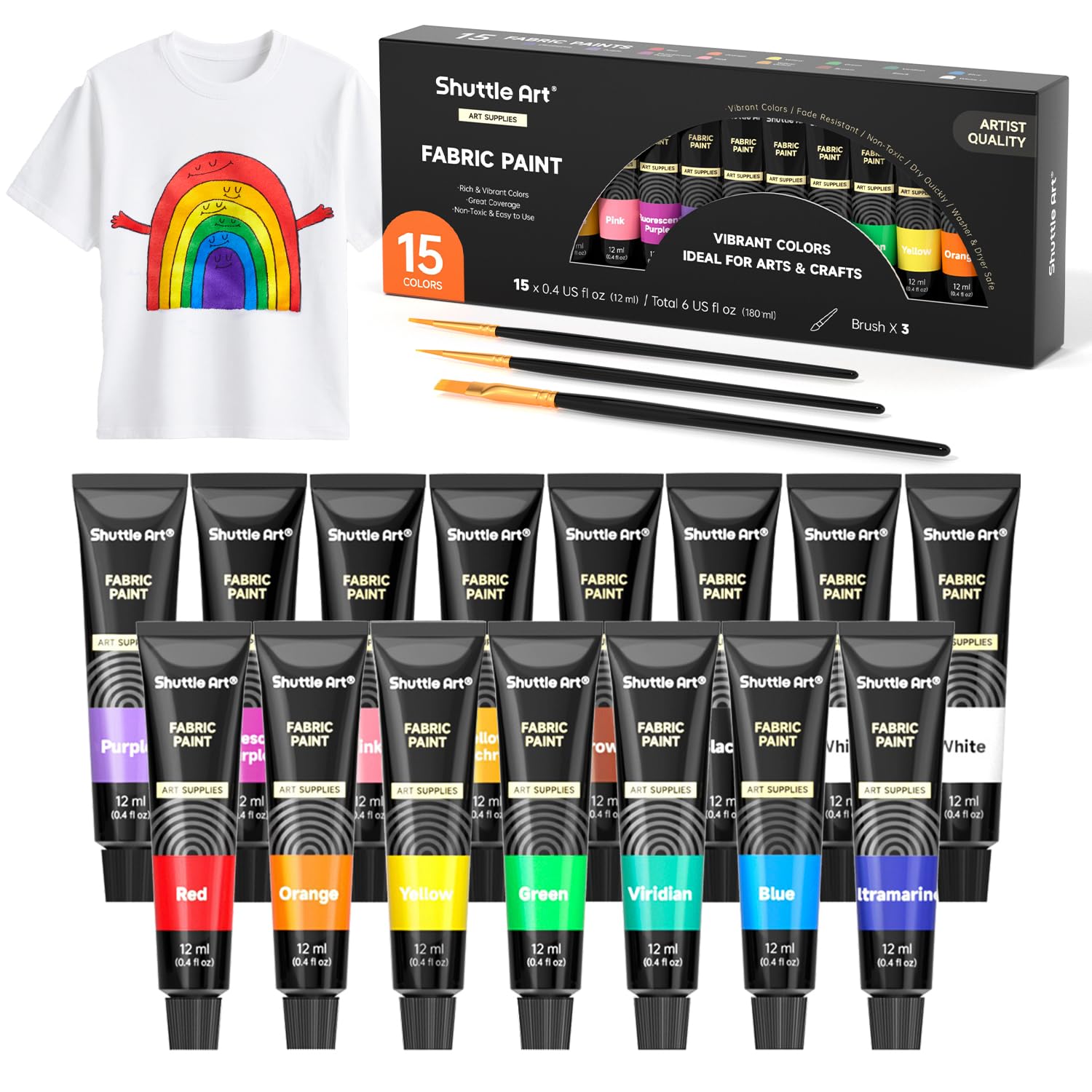 Shuttle Art Fabric Paint, 15 x 12ml Tubes Permanent Soft Fabric Paint with 3 Bru