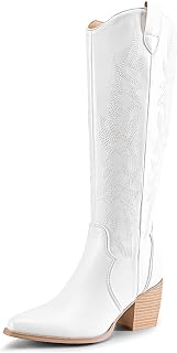 DREAM PAIRS Womens Cowboy Boots, Comfortable Pull On Zipper Chunky Heel Pointed Toe Western Embroidered Cowgirl Knee High Boots, White, 6.5