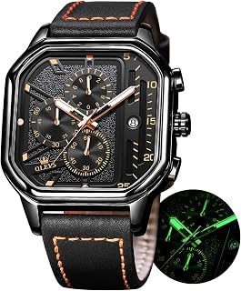OLEVS Square Watches for Men Chronograph Brown Leather Fashion Luminous Work Watch Waterproof Casual Watches, Black Leather Rose Gold, Chronograph