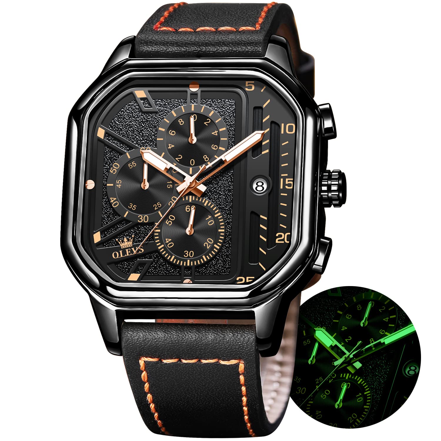 OLEVS Square Watches for Men Chronograph Brown Leather Fashion Luminous Work Wat