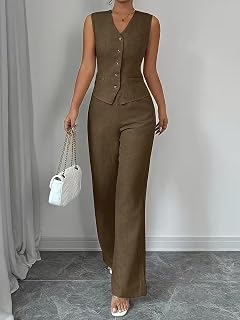 Women's Sleeveless V Neck Vest Tie Waist Design Straight Leg Pants Casual Two Piece Set Elegant Work Style