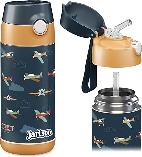 Jarlson® Charli Children's Thermos Bottle 350 ml [With Straw] - Stainless Steel Bottle - Thermos for Children and Girls - BPA Free - Ideal for School, Sports and Travel (Airplanes, 350 ml)
