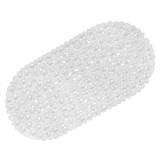 WELTRXE Non Slip Bath Mats for Inside Bath, 69 x 36 cm Clear Pebble Bath Mat Non Slip Anti Mould, Anti Slip Shower Mat, Flexible Oval PVC Bathtub Mat with Suction Cups & Drain Holes, Machine Washable