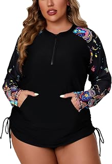 Halcurt Plus Size Rash Guard for Women UPF 50+ Zip Drawstring Ruched Pocket Top