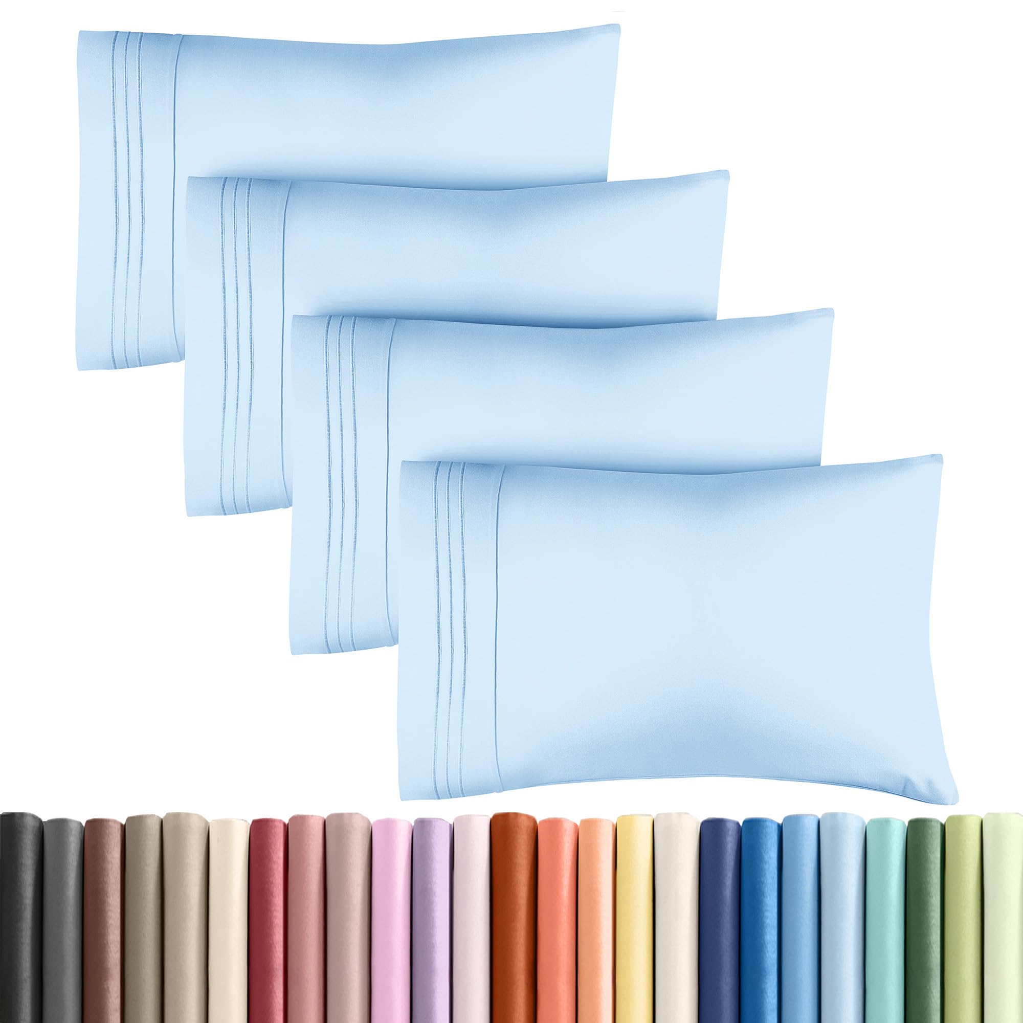 Queen Pillow Cases Set of 4 - Ultra Soft Pillowcase Covers - Light Blue