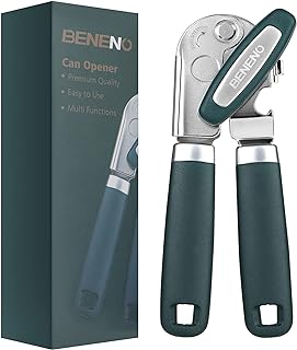 Beneno Heavy Duty Hand Can Opener Manual with Magnet Lid Remover, Green | Razor-Sharp Carbon Steel Blade, Precise Smooth Cutting Gear, Big Effort-Saving Knob, Soft Grip Handle, Built-in Bottle Opener