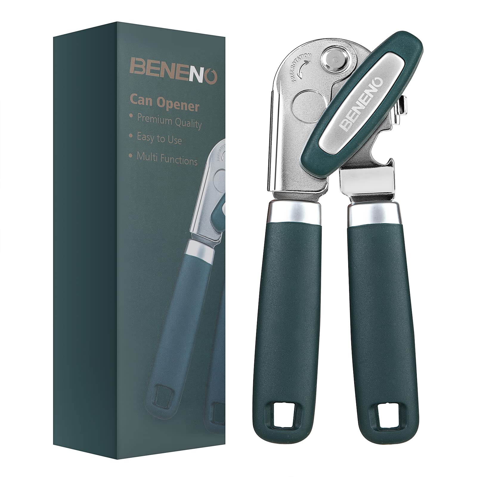Beneno Heavy Duty Hand Can Opener Manual with Magnet Lid Remover, Green | Razor-