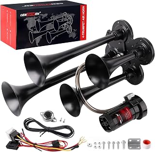 CENZHIWEN 12V Train Horn for Truck with Air Compressor & 4 Metal Trumpet | 150dB Ultra Loud Drill Air Horn Replacement, Universal Car Horn Kit for Pickup,SUV,Truck,Boats & Other Vehicles (with button)
