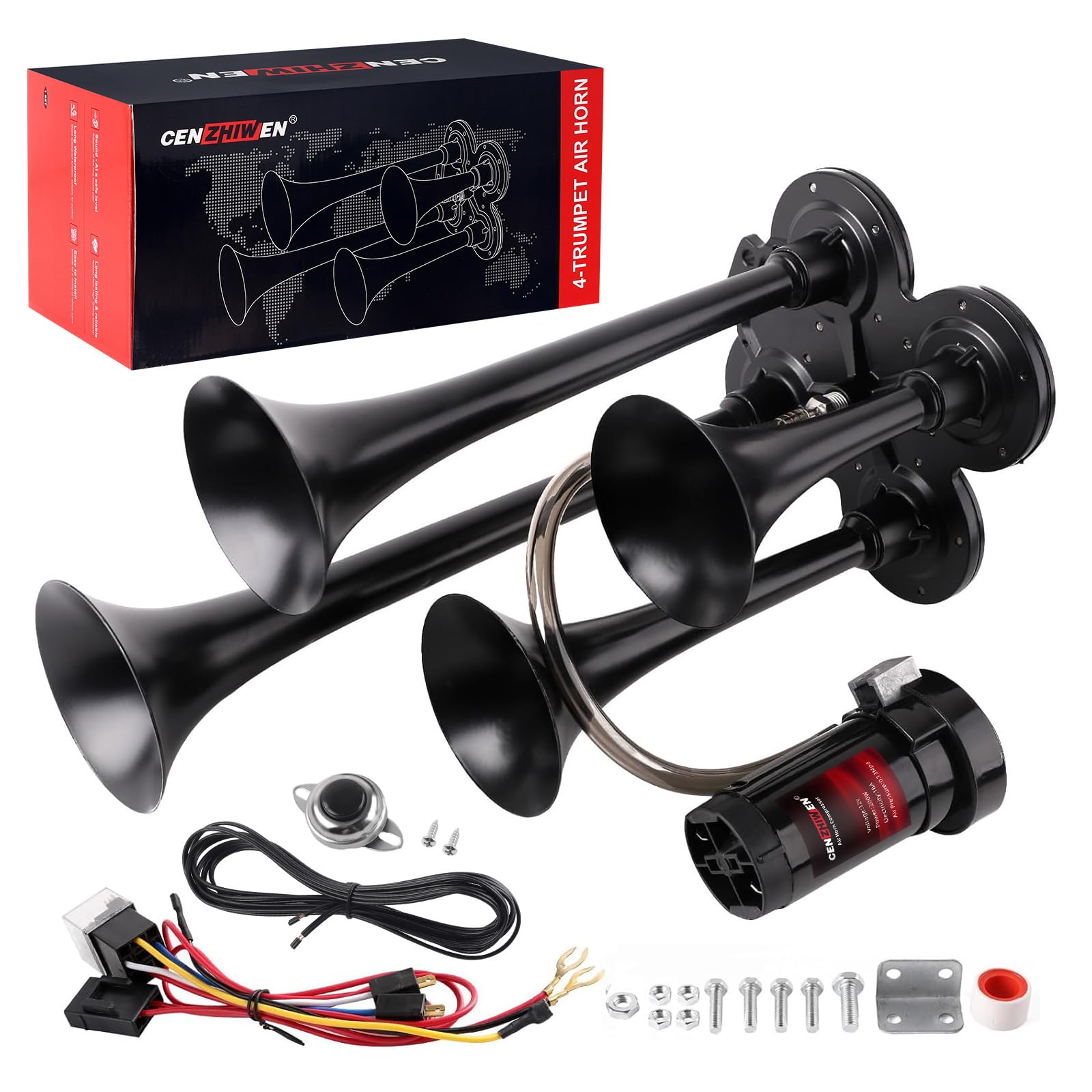 CENZHIWEN 12V Train Horn for Truck with Air Compressor & 4 Metal Trumpet | 150dB