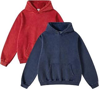 FAIABLE 2 Pack Acid Wash Hoodie Unisex Oversized Vintage Hoodies Heavyweight Distress Sweatshirts Cotton Fleece Washed Sweatshirt for Men Women Couples Streetwear College Red Blue